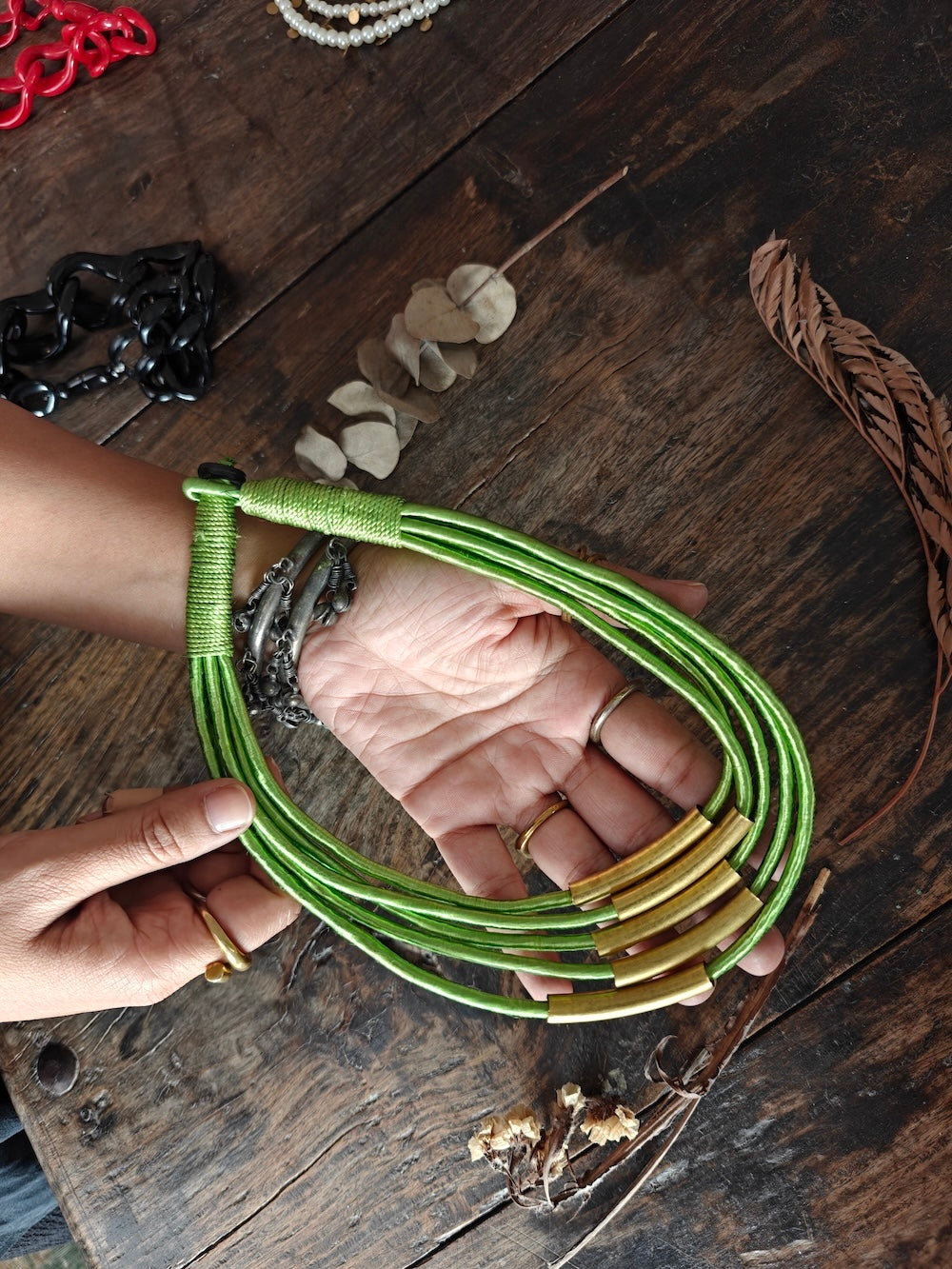 Green multi strand  necklace