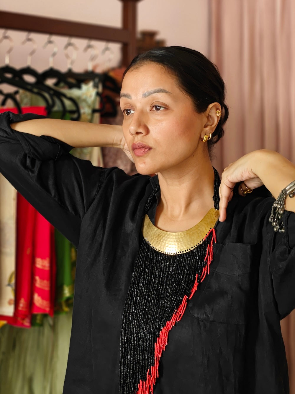 Black & Red Beads Asymmetrical  Necklace