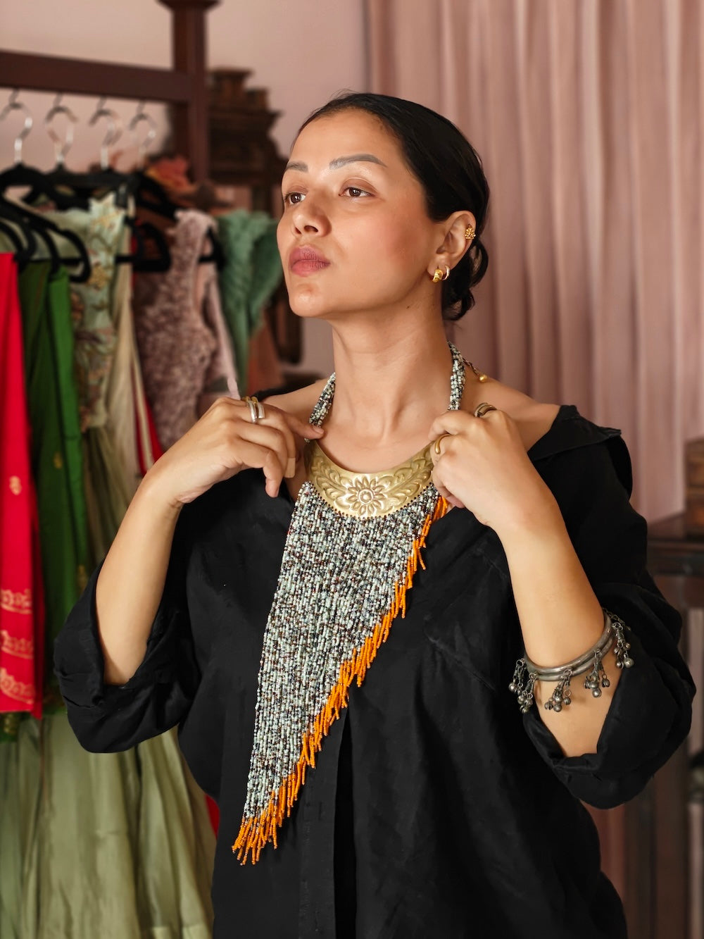 White & Multicolor Beads Asymmetrical  Necklace