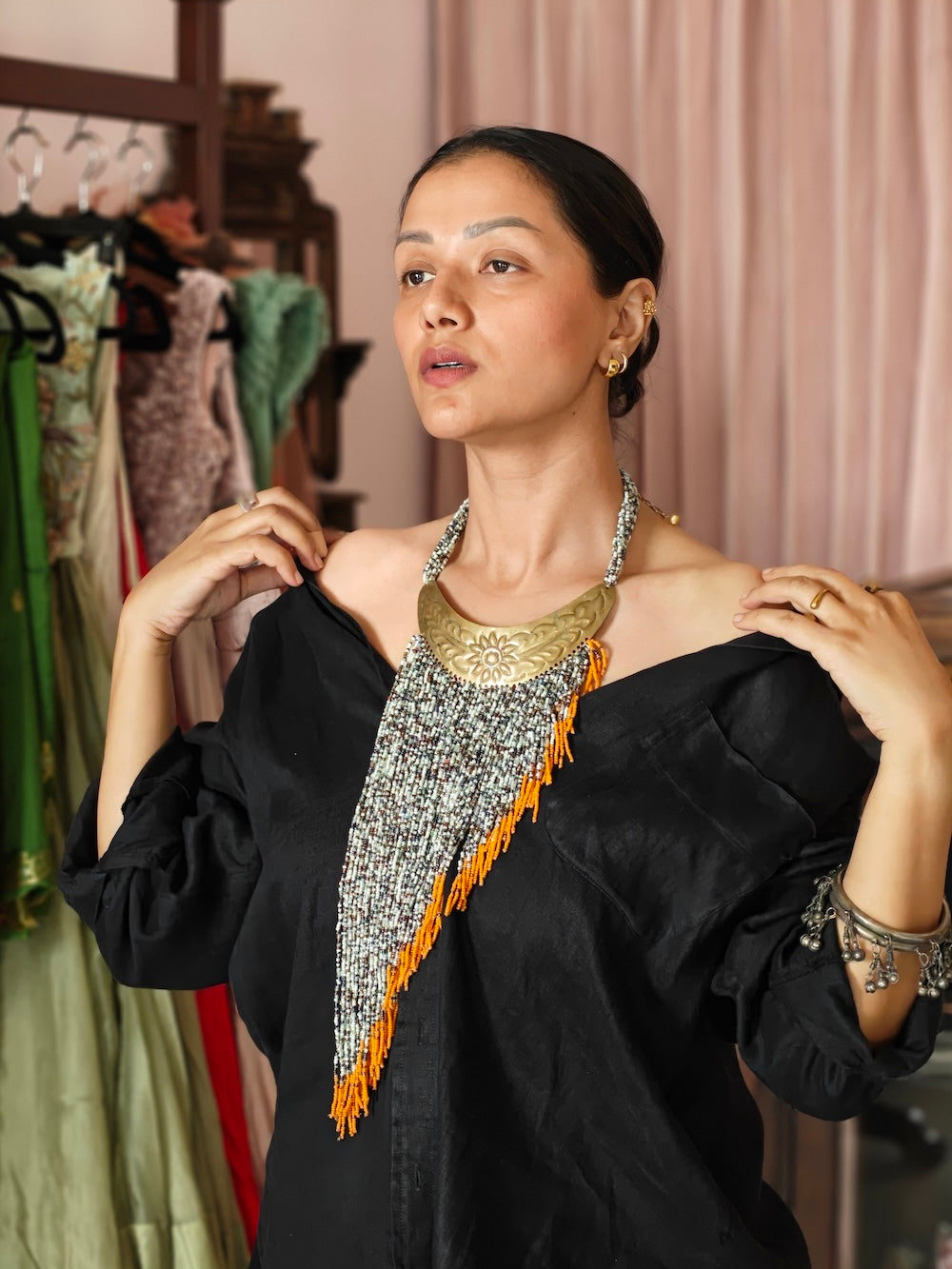 White & Multicolor Beads Asymmetrical  Necklace