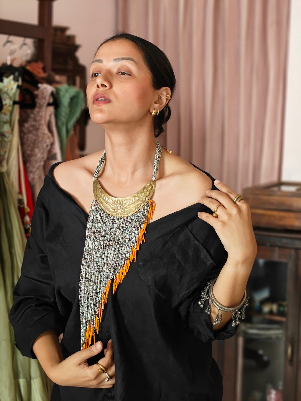 White & Multicolor Beads Asymmetrical  Necklace