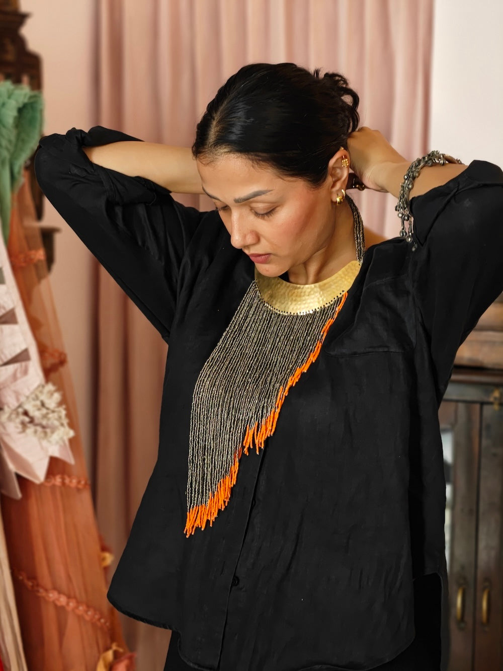 Silver & Orange Beads Asymmetrical  Necklace