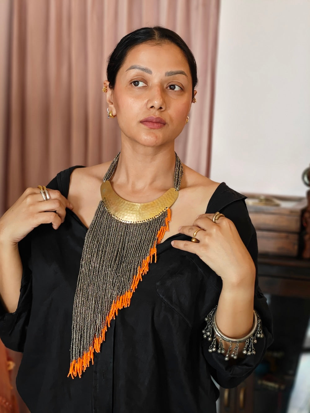 Silver & orange beads asymmetrical  necklace