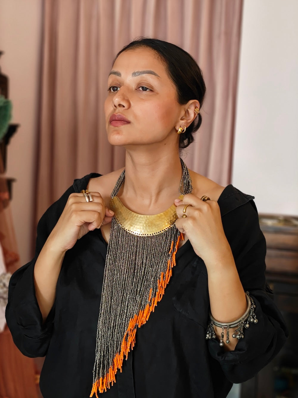 Silver & Orange Beads Asymmetrical  Necklace
