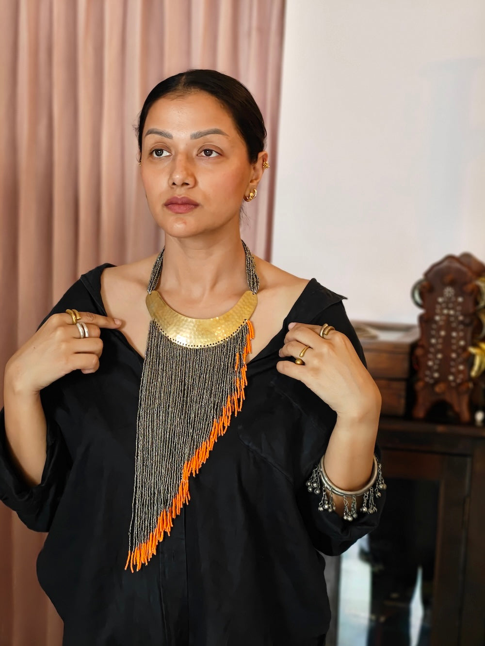 Silver & Orange Beads Asymmetrical  Necklace