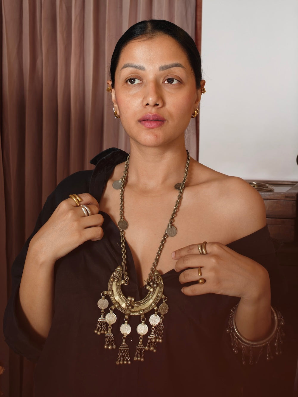 Silver long chain half moon designed pendent Necklace