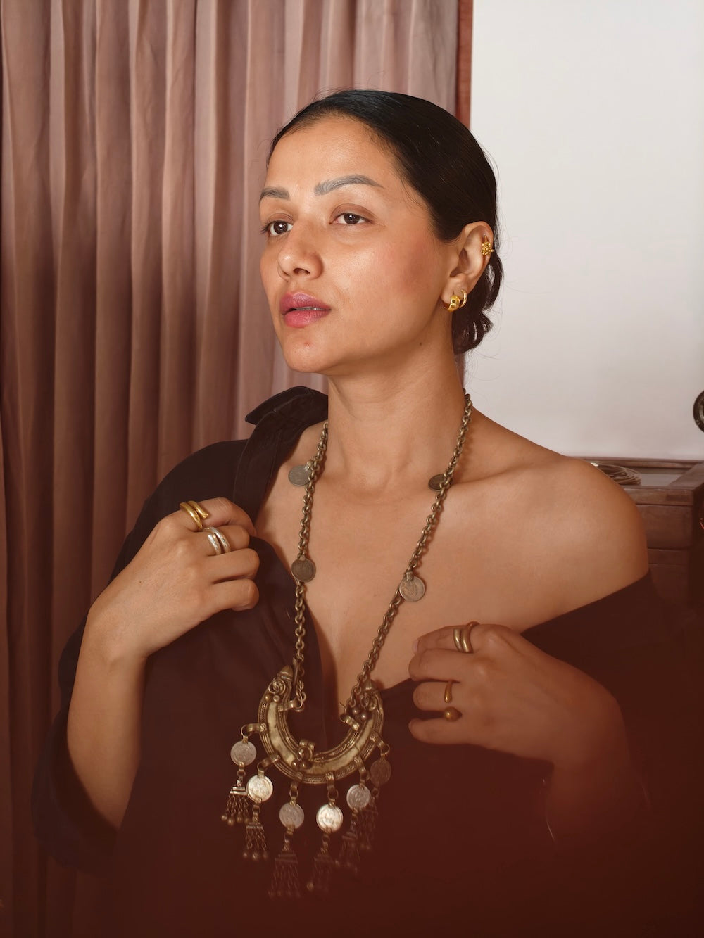 Silver long chain half moon designed pendent Necklace