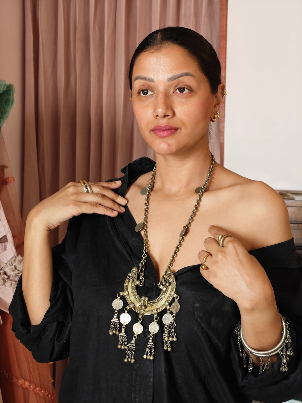 Silver long chain half moon designed pendent Necklace