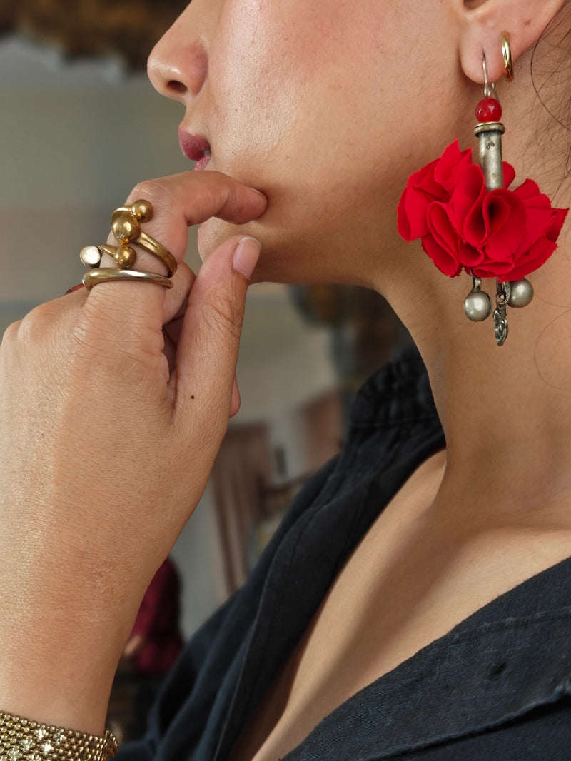 Red Fabric Floral Earring