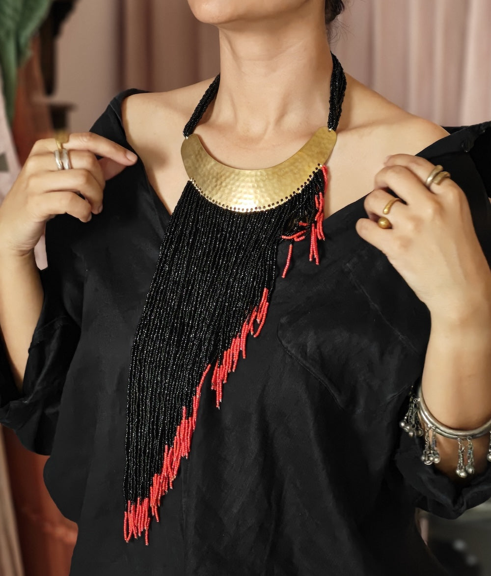 Black & Red Beads Asymmetrical  Necklace