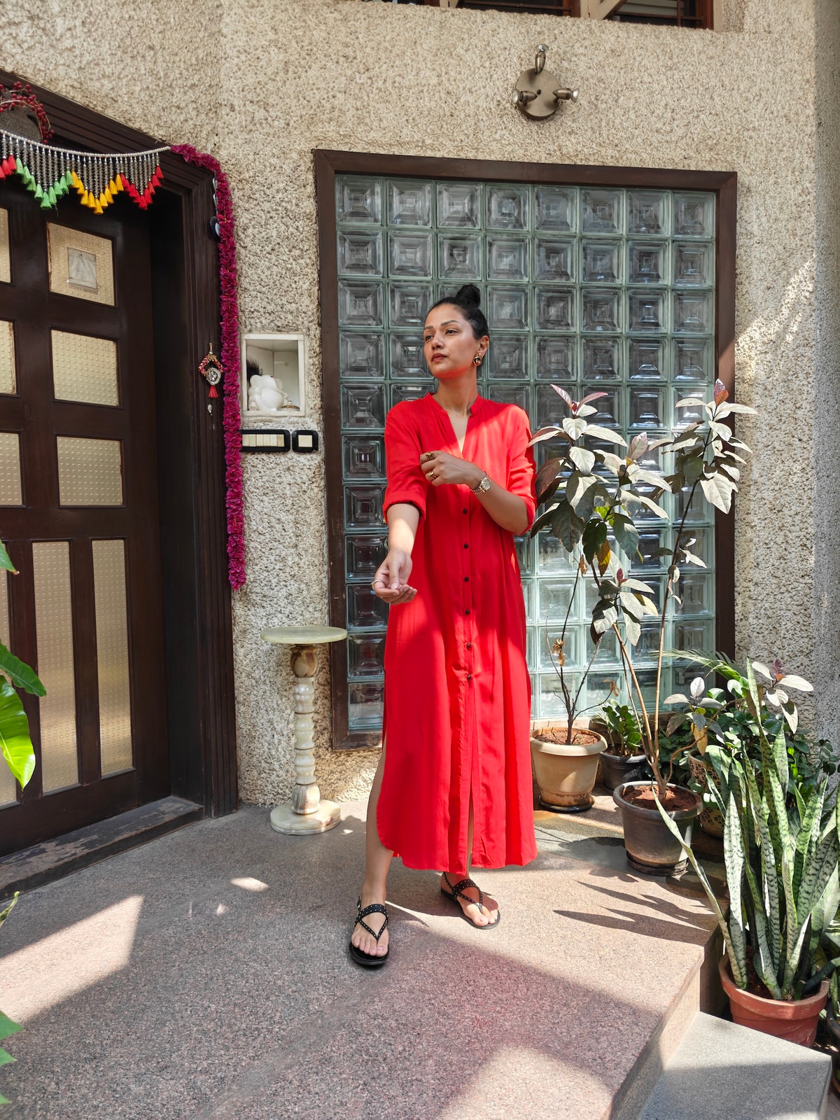 Red long shirt dress