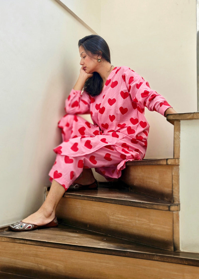 Pink Heart Print Co-ord Set