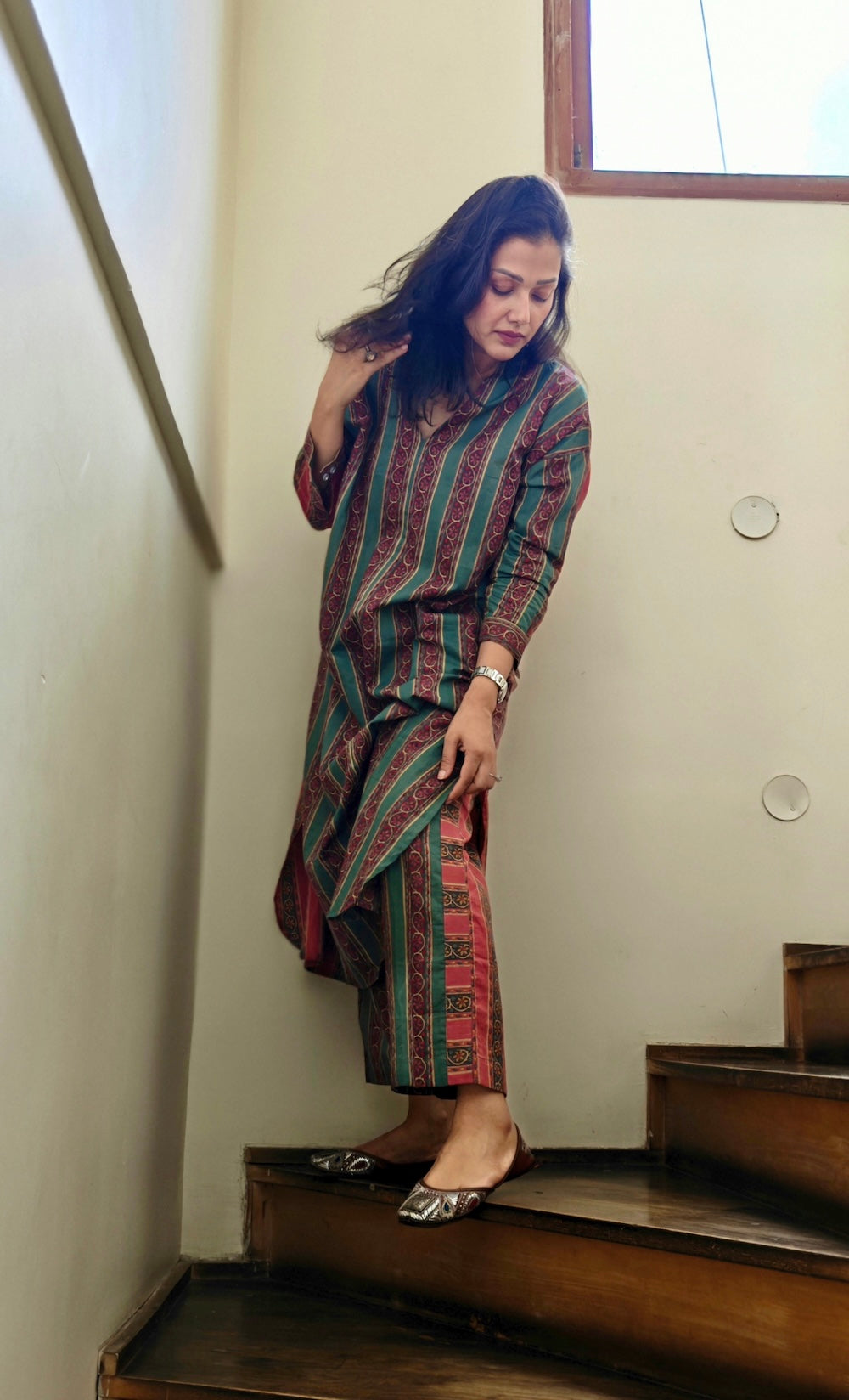 Maroon with Green Strips Co-ord Set