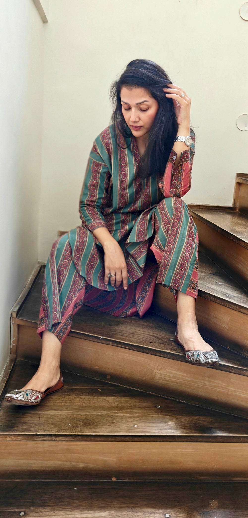 Maroon with Green Strips Co-ord Set