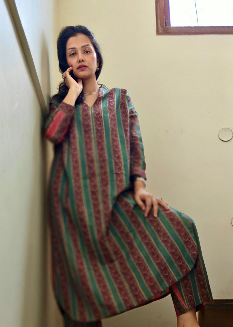 Maroon with Green Strips Co-ord Set