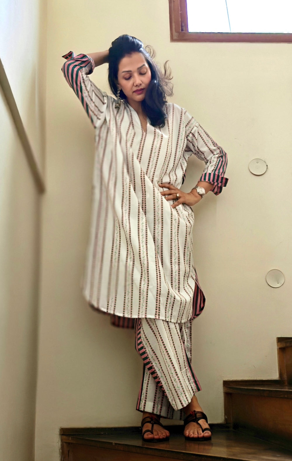 White with Pink Strips Co-ord Set