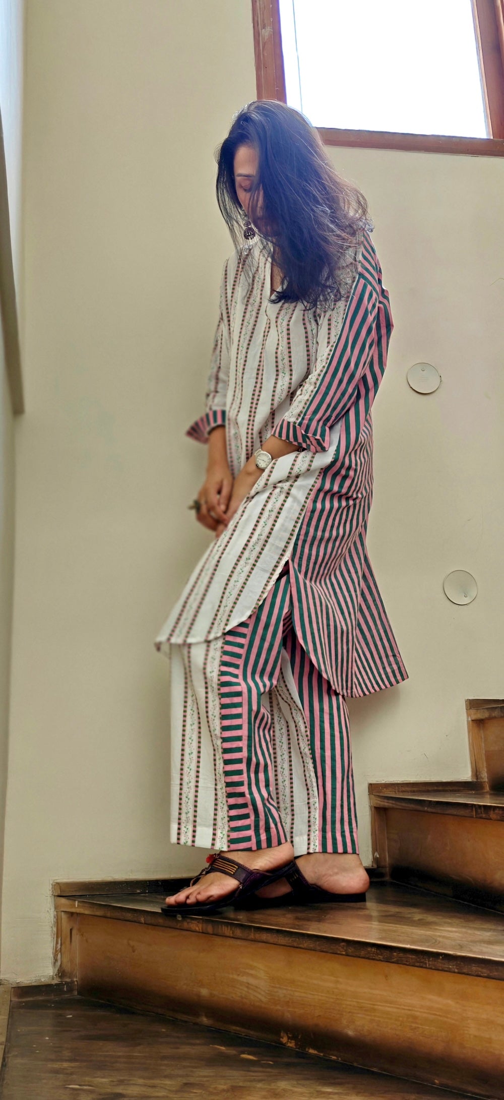 White with Pink Strips Co-ord Set
