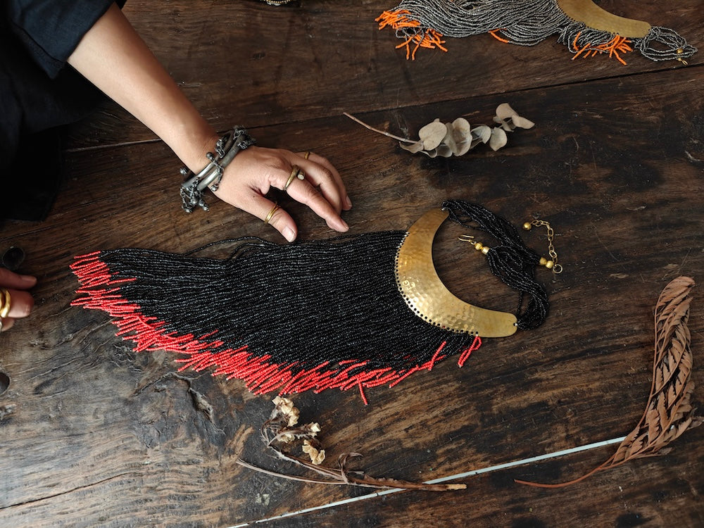 Black & Red Beads Asymmetrical  Necklace